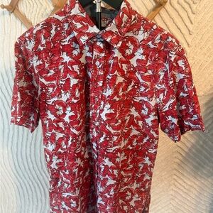 Men's Red on baby blue background short-Sleeve Lobster Printed Button-Down Shirt